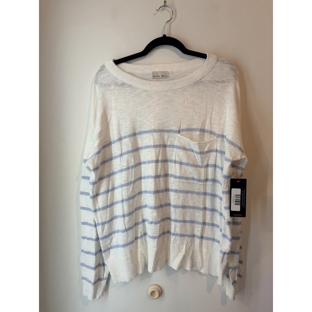 Be Cool Sweater Lightweight Striped Blue‎ White Size 3X New Round Neck Pocket